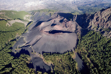Aerial volcanic landscape formed by the crater of a volcano in Guimar, Tenerife, Canary Islands....