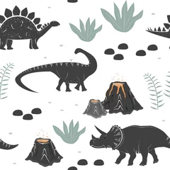 Tapeten Vector seamless pattern with cute different dinosaurs, plants and volcano. Cartoon landscape of Jurassic period with dino. Pastel texture for kids wallpaper, fabrics and different surfaces © Toltemara