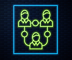Glowing neon line Project team base icon isolated on brick wall background. Business analysis and planning, consulting, team work, project management. Vector.