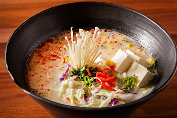 Vegetable Ramen Bowl with Enoki mushrooms and tofu
