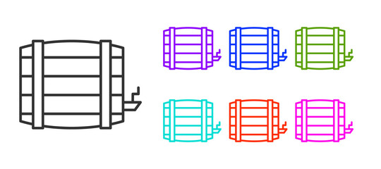 Black line Wooden barrel icon isolated on white background. Alcohol barrel, drink container, wooden keg for beer, whiskey, wine. Set icons colorful. Vector.