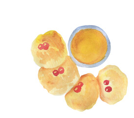 Cheese pancakes with honey and red berries isolated. Watercolor cheesecake of cottage cheese for breakfast. Morning meal, homemade cakes with berries. Tasty snack. For restaurant menu food dessert.