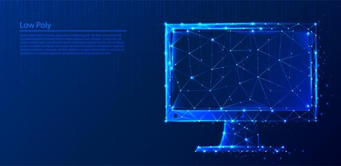 Polygonal computer  on dark blue tech background, triangles and particle style design. 