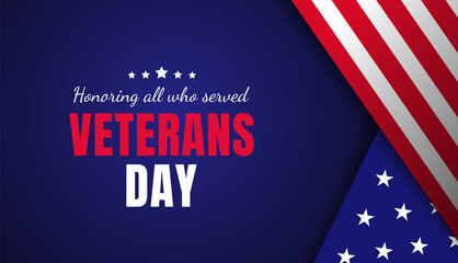 Veterans day greeting card with a blue background and flag. - Vector illustration