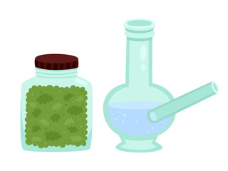 Vector set of bong, jar with marijuana for smoking cannabis