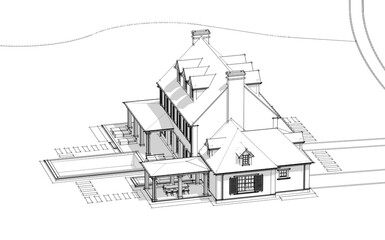 3d rendering of modern cozy classic house in colonial style with garage and pool for sale or rent with beautiful landscaping on background Black line sketch with soft light shadows on white background