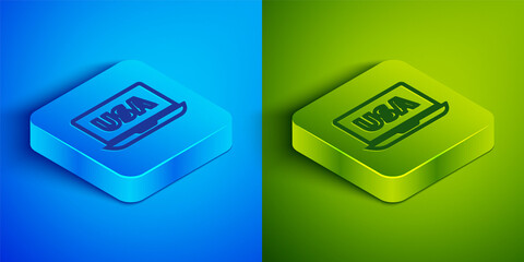 Isometric line USA United states of america on laptop icon isolated on blue and green background. Square button. Vector.