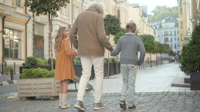 Wide shot of grandfather and grandchildren walking along paving street on sunny day. back view of happy multigenerational family enjoying summer weekend outdoors. Family leisure and unity.