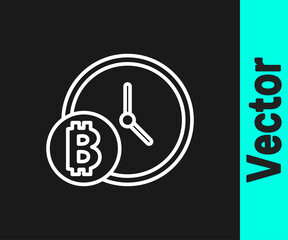 White line Cryptocurrency coin Bitcoin with clock icon isolated on black background. Physical bit coin. Blockchain based secure crypto currency. Vector.