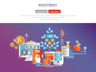 Naklejka premium Investments. Banner for the site. Modern flat conceptual web banner. Landing page template. Conceptual vector illustration for graphic design and web design. Concept. Financial investments.