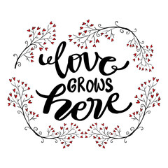 Love grows here, hand lettering. Quote typography.