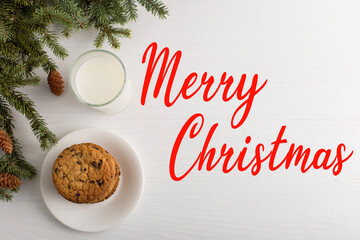 Milk and cookies for Santa Claus under the christmas tree. Merry christmas inscription.