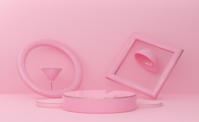 podium empty with geometric shapes in pink pastel composition for modern stage display and minimalist mockup ,abstract showcase background ,Concept 3d illustration or 3d render