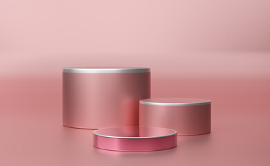 podium empty with geometric shapes in pink pastel composition for modern stage display and minimalist mockup ,abstract showcase background ,Concept 3d illustration or 3d render