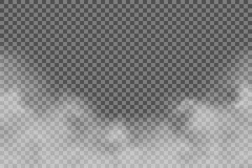 White fog texture isolated on transparent background. Steam special effect. Realistic vector fire smoke or mist