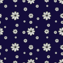 Seamless simple floral pattern of graphic stylize flowers.Cute hand drawn line illustration,monochrome doodle design on dark blue background.For fabrics,textiles,prints,wallpapers, wrapping papers.