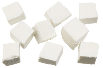 Slices feta cheese isolated on white background. Clipping path and full depth of field. Top view