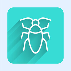 White line Cockroach icon isolated with long shadow. Green square button. Vector.