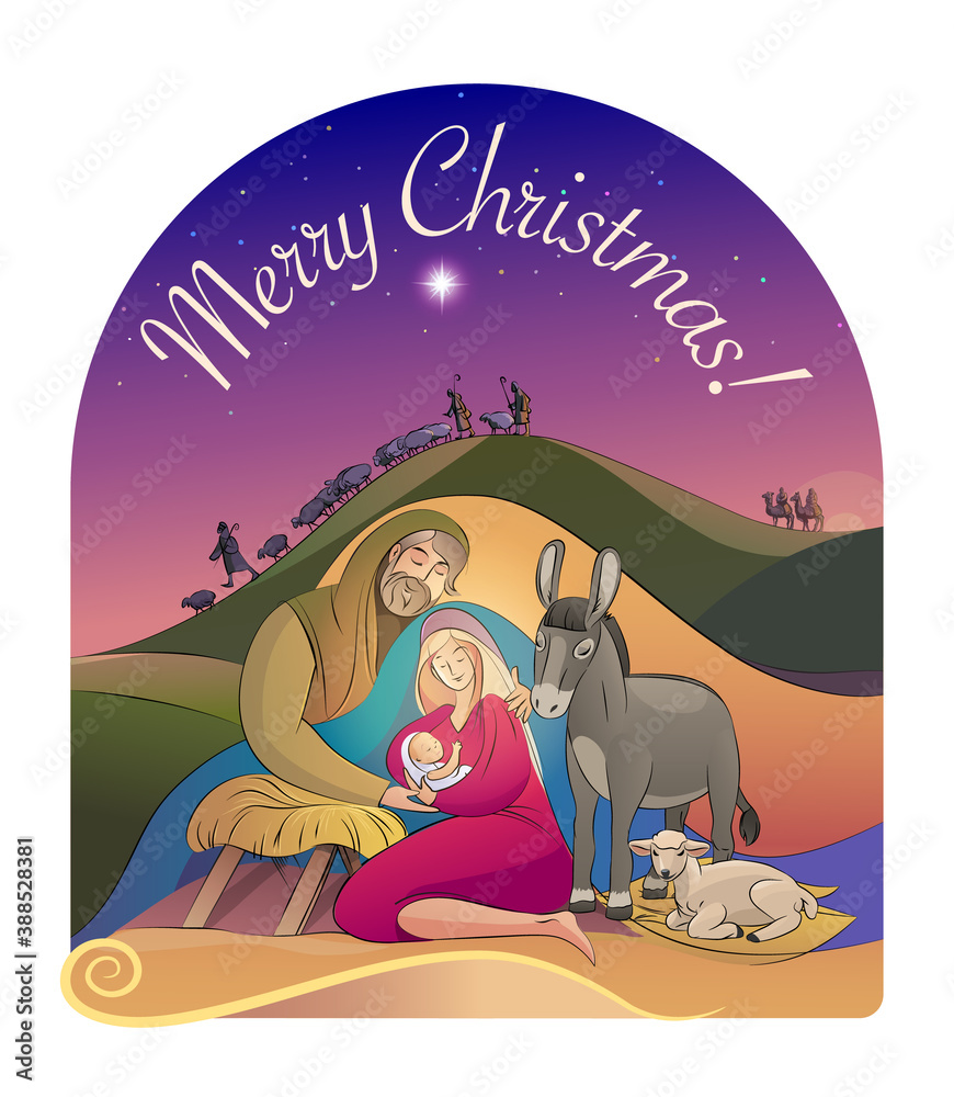 Wall mural Christmas. Holy family holding baby Jesus Holy night. Vector stock illustration. Christmas story. greeting card.