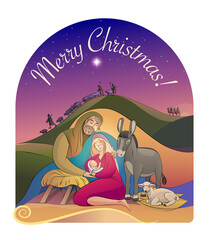 Christmas. Holy family holding baby Jesus Holy night. Vector stock illustration. Christmas story. greeting card.
