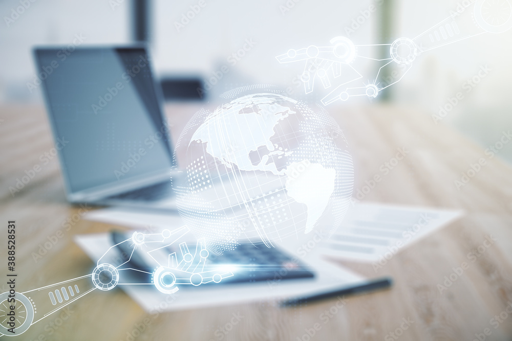 Poster abstract virtual robotics technology hologram with globe sketch on calculator and laptop background.