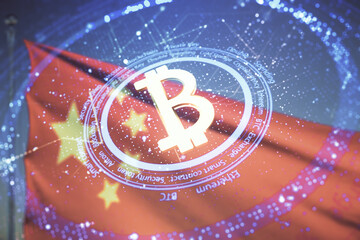 Virtual Bitcoin sketch on Chinese flag and blue sky background. Double exposure