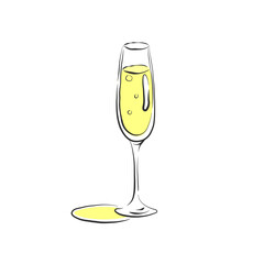 Wineglass champagne. Drink element. Color object. Retro glass wine hand draw, design for any purposes. Restaurant illustration. Simple sketch. Isolated on white background in engraving style
