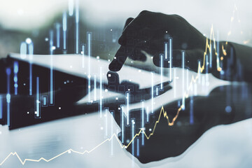 Multi exposure of abstract creative financial chart with finger presses on a digital tablet on background, research and analytics concept