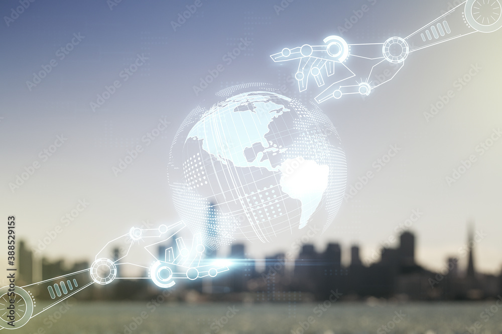 Poster abstract virtual robotics technology hologram with globe sketch on blurry skyline background. robot 