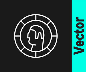 White line Ancient Greek coin icon isolated on black background. Vector.
