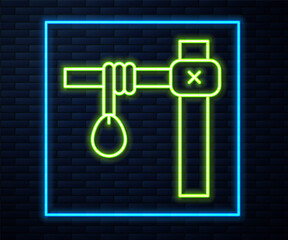 Glowing neon line Gallows rope loop hanging icon isolated on brick wall background. Rope tied into noose. Suicide, hanging or lynching. Vector.
