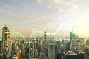 Abstract virtual stats data hologram on New York city skyline background. Multiexposure