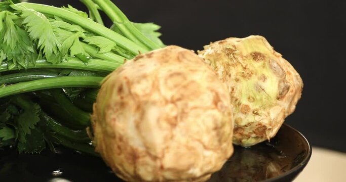 Close up shot of freshly harvested celery root rotating at black background