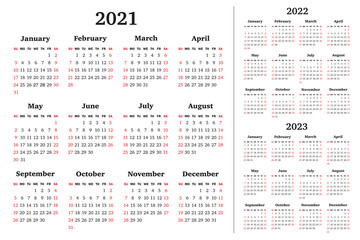 Vector calendar for 2021, 2022, 2023 years. Week starts Sunday