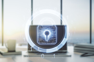 Creative lock sketch with chip hologram on modern laptop background, protection of personal data concept. Multiexposure