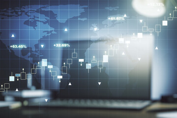 Multi exposure of abstract creative financial graph with world map on modern laptop background, forex and investment concept
