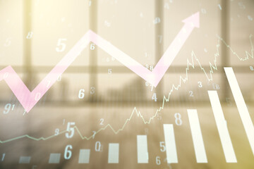 Multi exposure of virtual abstract financial graph and upward arrow on empty corporate office...