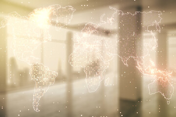 Multi exposure of abstract creative digital world map hologram on empty corporate office background, tourism and traveling concept