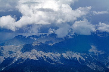 Views from the trekking trail Rosa Khutor Ski Resort, Sochi, Russia. Roza Pik is the summit of the Aibga mountain range, which is located at an altitude of 2320 m.