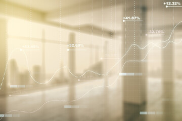 Double exposure of abstract virtual statistics data hologram on empty modern office background, statistics and analytics concept
