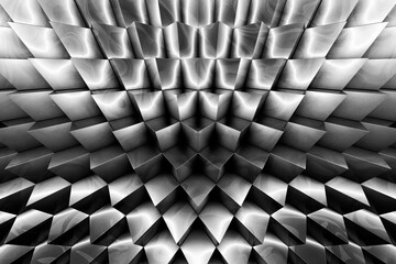 3D sharp corners. Background abstract minimalistic texture with many rows of volumetric metal figures of hexagons lying in the white light. Animation. Mobile wall made of briquettes.