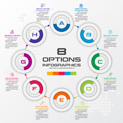 Circle chart infographic template with 8 options,Vector illustration.