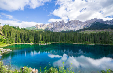 Naklejka premium Carezza lake, Dolomites Alps. South Tyrol. Italy