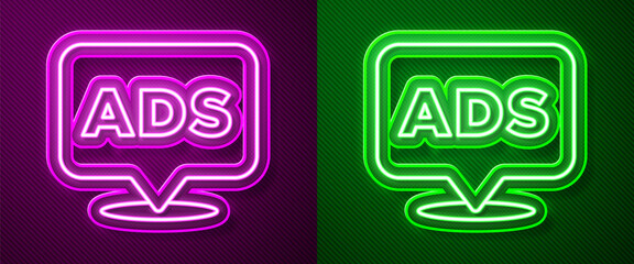 Glowing neon line Advertising icon isolated on purple and green background. Concept of marketing and promotion process. Responsive ads. Social media advertising. Vector.