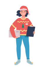 Holiday delivery female courier flat color vector character. Postwoman with parcel. Festive season express shipment isolated cartoon illustration for web graphic design and animation