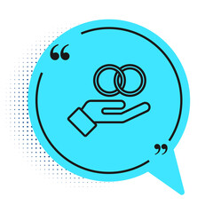 Black line Wedding rings icon isolated on white background. Bride and groom jewelry sign. Marriage symbol. Diamond ring. Blue speech bubble symbol. Vector.