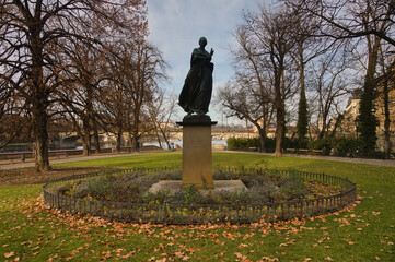 Statue of Bozena Nemcova at Slovansky island in Prague, Czech Republic