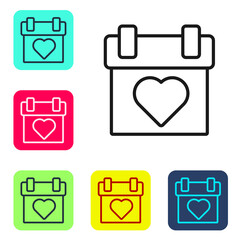 Black line Calendar icon isolated on white background. Event reminder symbol. Set icons in color square buttons. Vector.