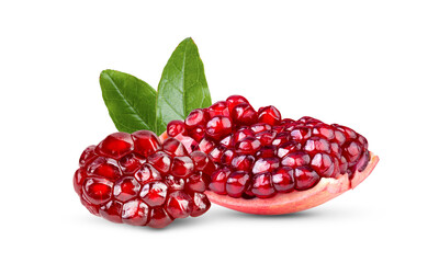 Pomegranate with leaf on white background.