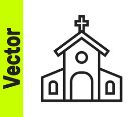 Black line Church building icon isolated on white background. Christian Church. Religion of church. Vector.